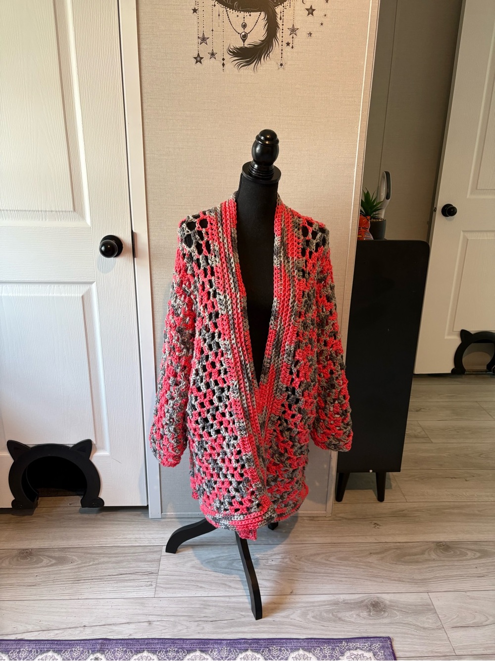 Handmade Open-Weave Coral & Gray Crochet Sweater Cardigan